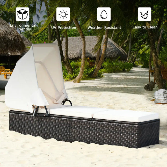 Outdoor Chaise Lounge Chair with Folding Canopy-White - White - Outdoor Chaise Lounges