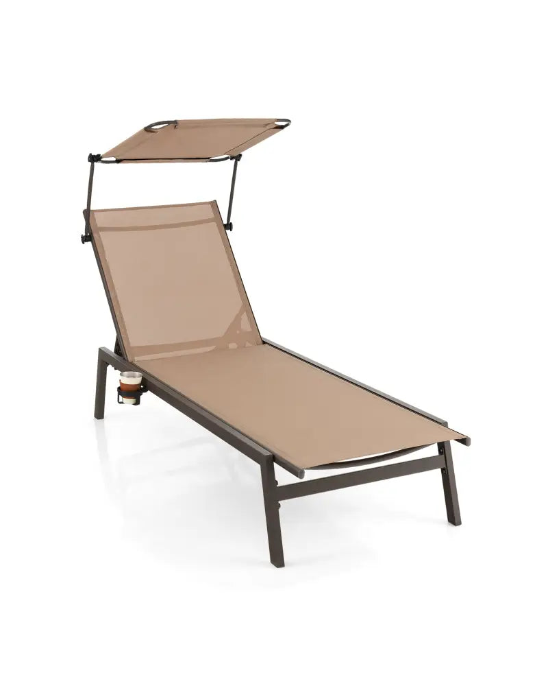 Outdoor Chaise Lounge Chair with Sunshade and 6 Adjustable Position-Brown - Brown - Outdoor Chaise Lounges