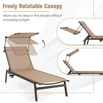 Outdoor Chaise Lounge Chair with Sunshade and 6 Adjustable Position-Brown - Brown - Outdoor Chaise Lounges