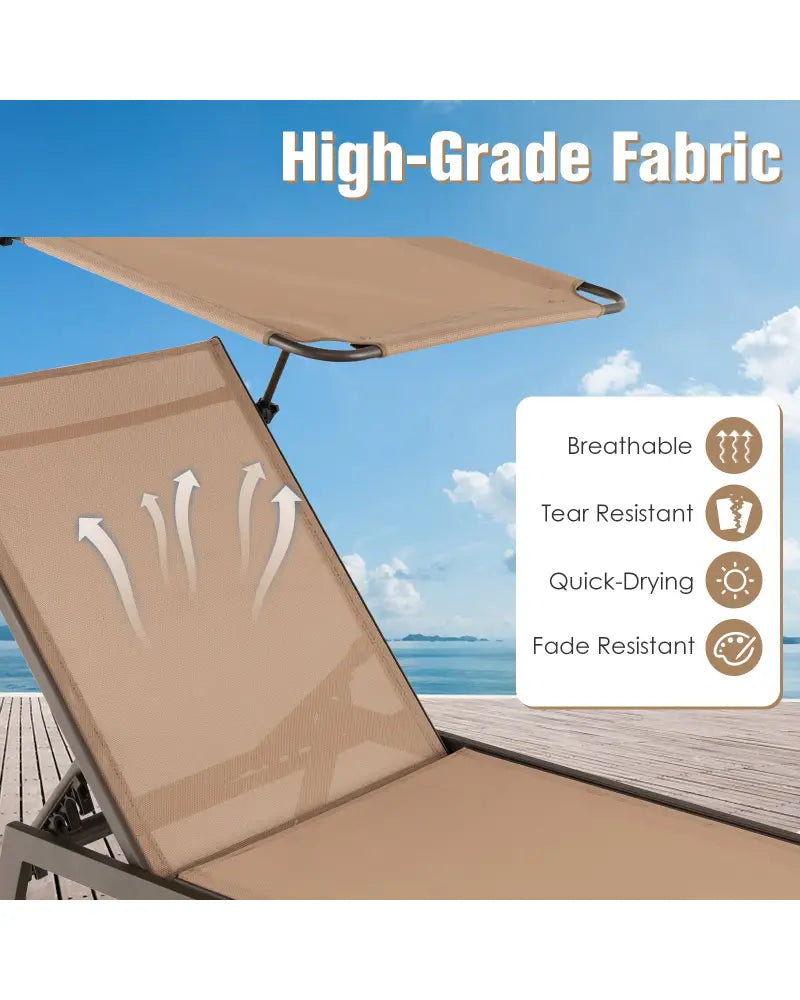 Outdoor Chaise Lounge Chair with Sunshade and 6 Adjustable Position-Brown - Brown - Outdoor Chaise Lounges