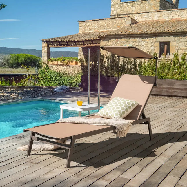 Outdoor Chaise Lounge Chair with Sunshade and 6 Adjustable Position-Brown - Brown - Outdoor Chaise Lounges