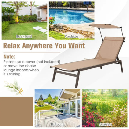 Outdoor Chaise Lounge Chair with Sunshade and 6 Adjustable Position-Brown - Brown - Outdoor Chaise Lounges