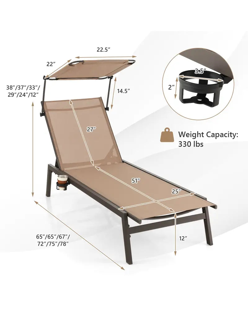 Outdoor Chaise Lounge Chair with Sunshade and 6 Adjustable Position-Brown - Brown - Outdoor Chaise Lounges