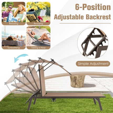 Outdoor Chaise Lounge Chair with Sunshade and 6 Adjustable Position-Brown - Brown - Outdoor Chaise Lounges
