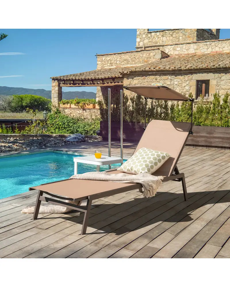 Outdoor Chaise Lounge Chair with Sunshade and 6 Adjustable Position-Brown - Brown - Outdoor Chaise Lounges