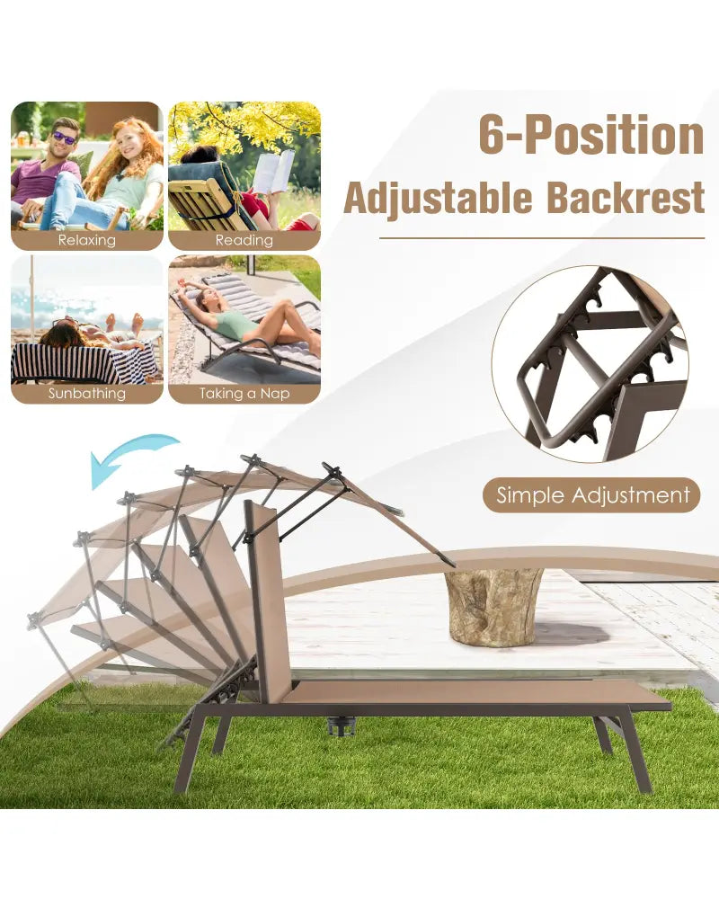 Outdoor Chaise Lounge Chair with Sunshade and 6 Adjustable Position-Brown - Brown - Outdoor Chaise Lounges