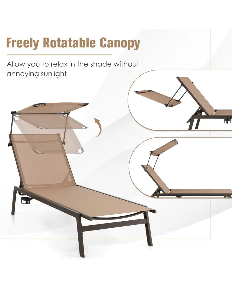 Outdoor Chaise Lounge Chair with Sunshade and 6 Adjustable Position-Brown - Brown - Outdoor Chaise Lounges