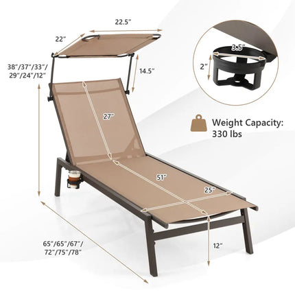 Outdoor Chaise Lounge Chair with Sunshade and 6 Adjustable Position-Brown - Brown - Outdoor Chaise Lounges