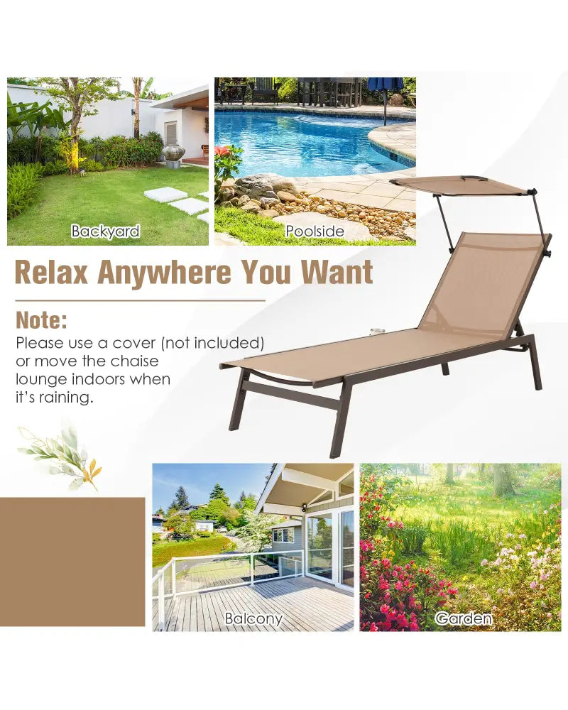 Outdoor Chaise Lounge Chair with Sunshade and 6 Adjustable Position-Brown - Brown - Outdoor Chaise Lounges