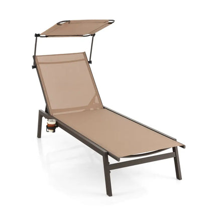 Outdoor Chaise Lounge Chair with Sunshade and 6 Adjustable Position-Brown - Brown - Outdoor Chaise Lounges