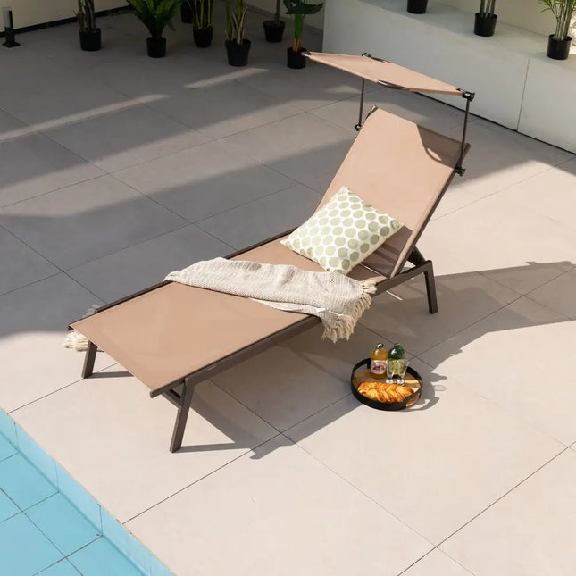 Outdoor Chaise Lounge Chair with Sunshade and 6 Adjustable Position-Brown - Brown - Outdoor Chaise Lounges