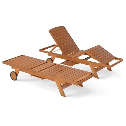 Outdoor Chaise Lounge Chair with Wheels 4-Position Patio Wood Recliner with Adjustable Backrest - Outdoor Chaise Lounges