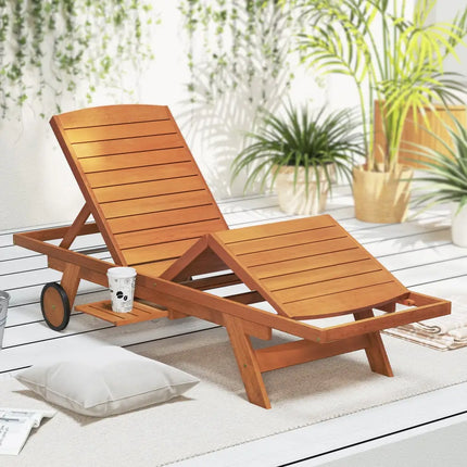 Outdoor Chaise Lounge Chair with Wheels 4-Position Patio Wood Recliner with Adjustable Backrest - Outdoor Chaise Lounges