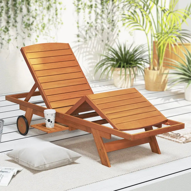 Outdoor Chaise Lounge Chair with Wheels 4-Position Patio Wood Recliner with Adjustable Backrest - Outdoor Chaise Lounges