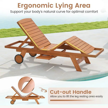 Outdoor Chaise Lounge Chair with Wheels 4-Position Patio Wood Recliner with Adjustable Backrest - Outdoor Chaise Lounges