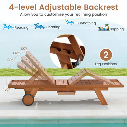 Outdoor Chaise Lounge Chair with Wheels 4-Position Patio Wood Recliner with Adjustable Backrest - Outdoor Chaise Lounges