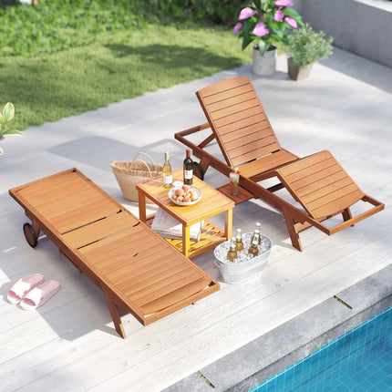 Outdoor Chaise Lounge Chair with Wheels 4-Position Patio Wood Recliner with Adjustable Backrest - Outdoor Chaise Lounges