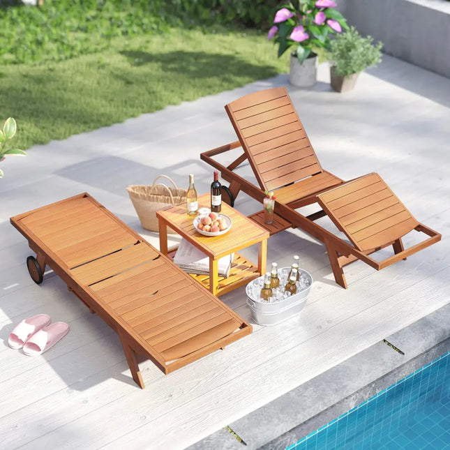 Outdoor Chaise Lounge Chair with Wheels 4-Position Patio Wood Recliner with Adjustable Backrest - Outdoor Chaise Lounges
