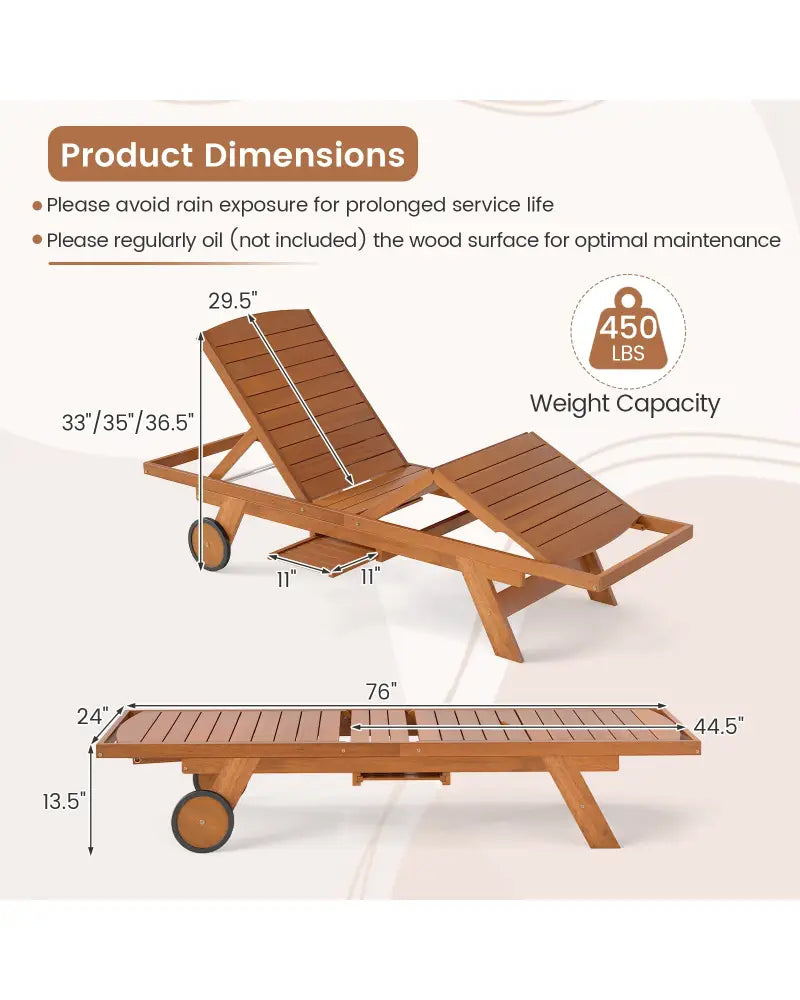 Outdoor Chaise Lounge Chair with Wheels 4-Position Patio Wood Recliner with Adjustable Backrest - Outdoor Chaise Lounges