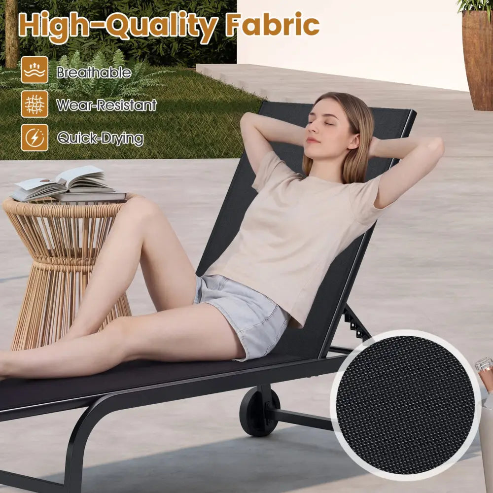 Outdoor Chaise Lounge Chair with Wheels and Metal Frame-Black - Black - Outdoor Chaise Lounges