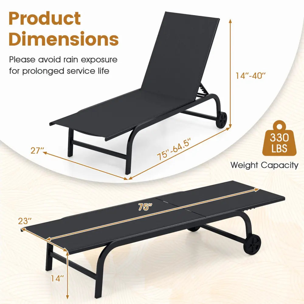 Outdoor Chaise Lounge Chair with Wheels and Metal Frame-Black - Black - Outdoor Chaise Lounges