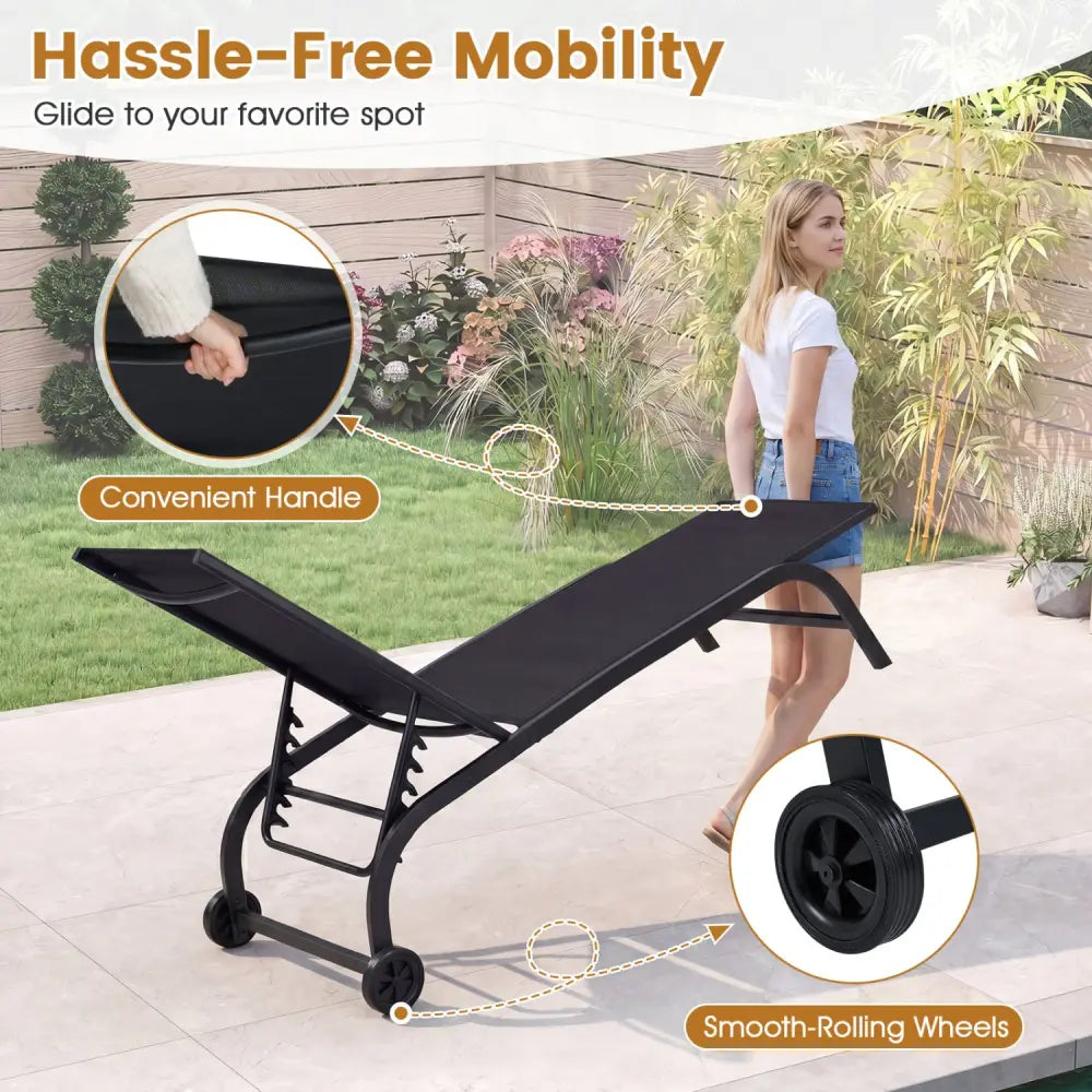 Outdoor Chaise Lounge Chair with Wheels and Metal Frame-Black - Black - Outdoor Chaise Lounges