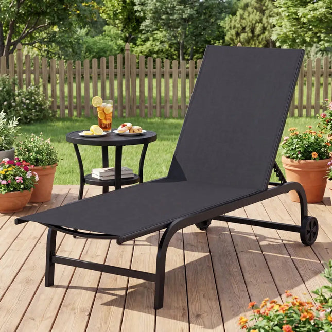 Outdoor Chaise Lounge Chair with Wheels and Metal Frame-Black - Black - Outdoor Chaise Lounges