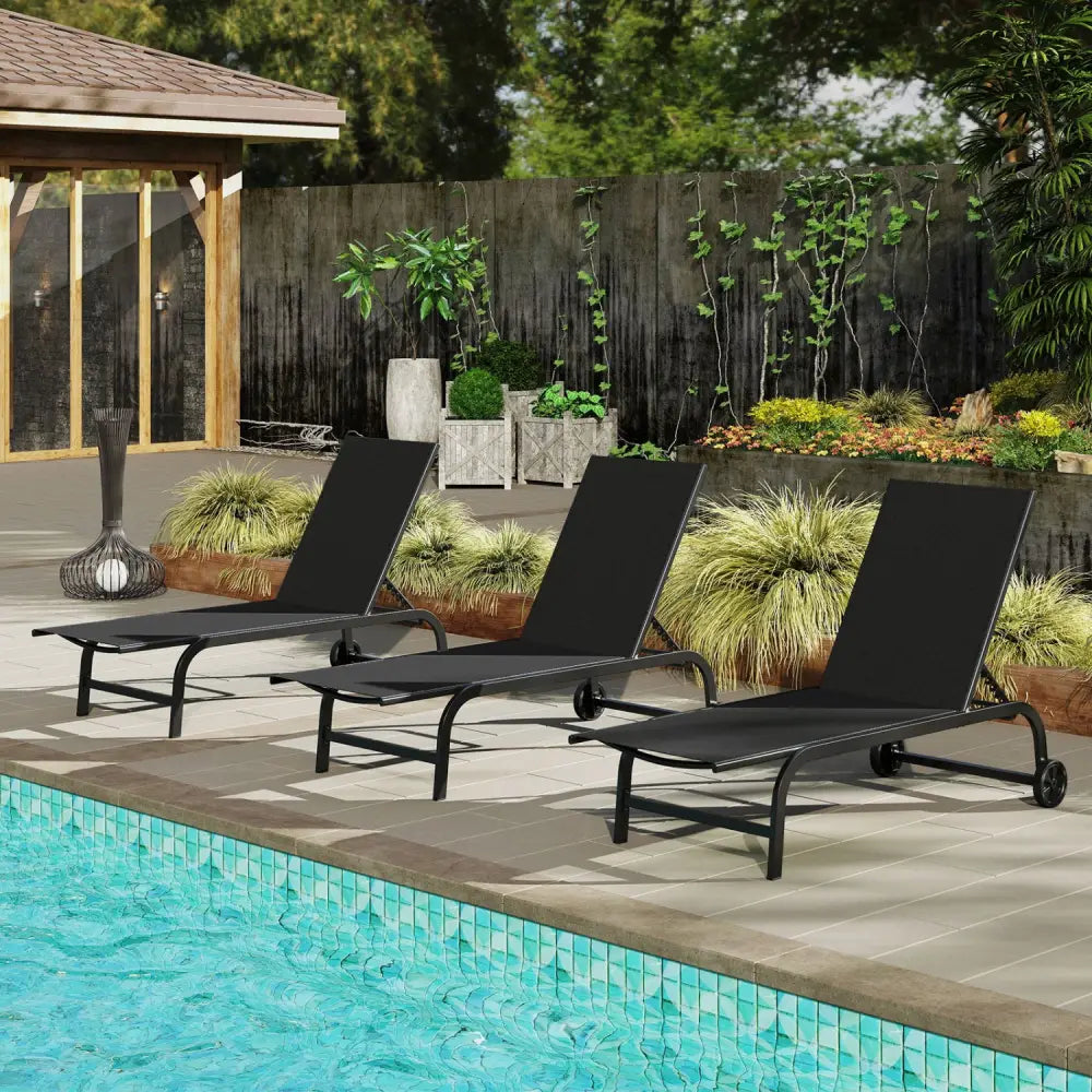 Outdoor Chaise Lounge Chair with Wheels and Metal Frame-Black - Black - Outdoor Chaise Lounges