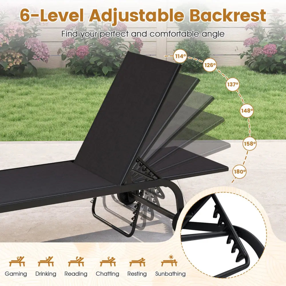 Outdoor Chaise Lounge Chair with Wheels and Metal Frame-Black - Black - Outdoor Chaise Lounges