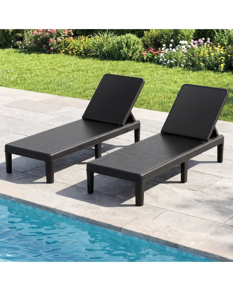 Outdoor Chaise Lounger Chair with Waterproof Rattan Textured PP Surface Set of 2-Black - Black - Outdoor Chaise Lounges