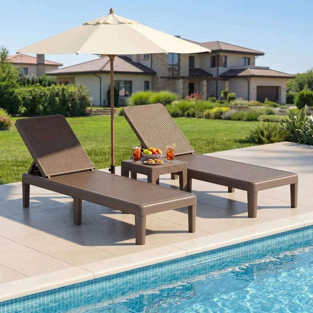 Outdoor Chaise Lounger Chair with Waterproof Rattan Textured PP Surface Set of 2-Brown - Brown - Outdoor Chaise Lounges