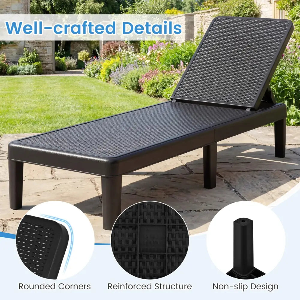 Outdoor Chaise Lounger Chair with Waterproof Rattan Textured PP Surface Set of 2-Black - Black - Outdoor Chaise Lounges