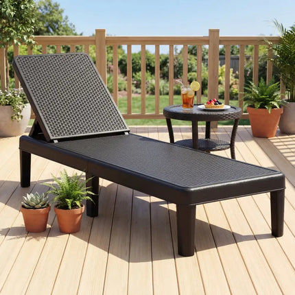 Outdoor Chaise Lounger Chair with Waterproof Rattan Textured PP Surface Set of 2-Black - Black - Outdoor Chaise Lounges
