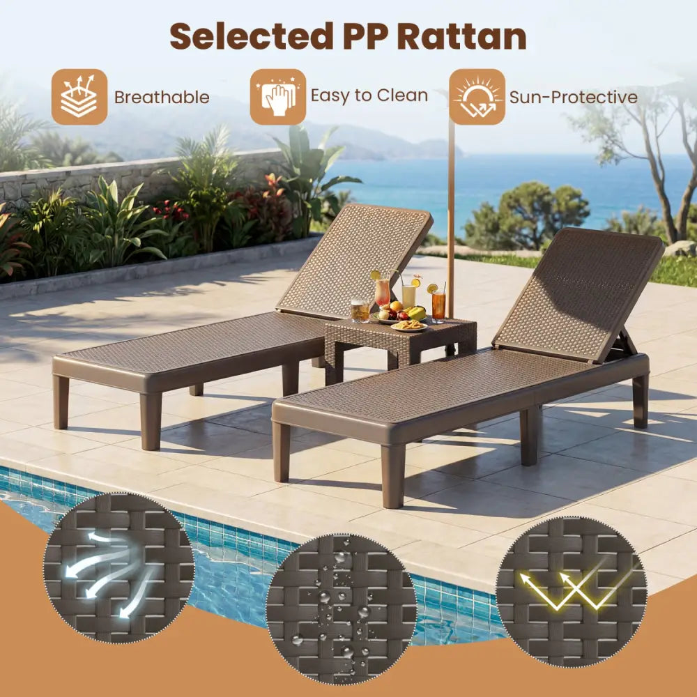 Outdoor Chaise Lounger Chair with Waterproof Rattan Textured PP Surface Set of 2-Brown - Brown - Outdoor Chaise Lounges
