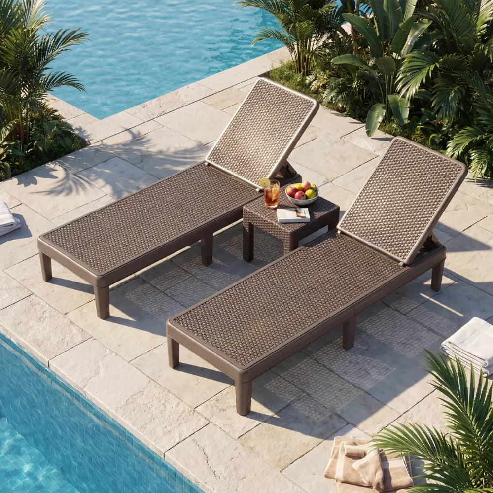 Outdoor Chaise Lounger Chair with Waterproof Rattan Textured PP Surface Set of 2-Brown - Brown - Outdoor Chaise Lounges