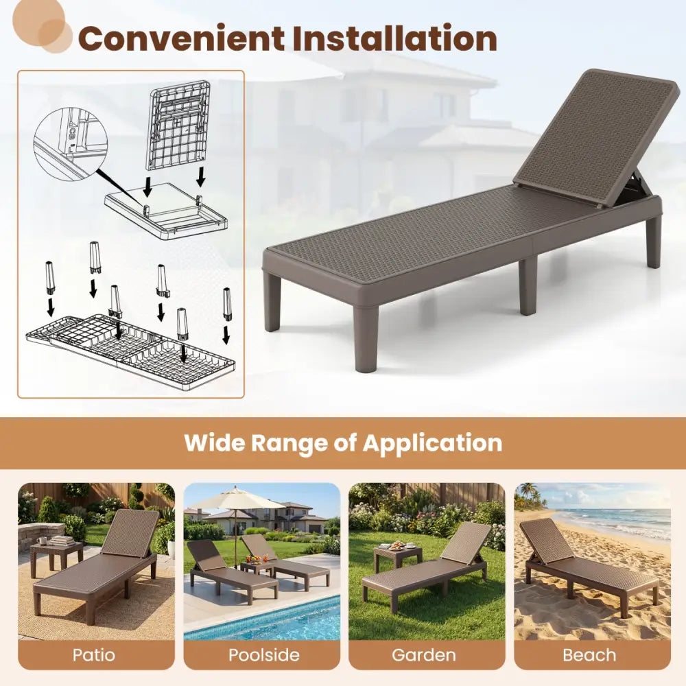 Outdoor Chaise Lounger Chair with Waterproof Rattan Textured PP Surface Set of 2-Brown - Brown - Outdoor Chaise Lounges