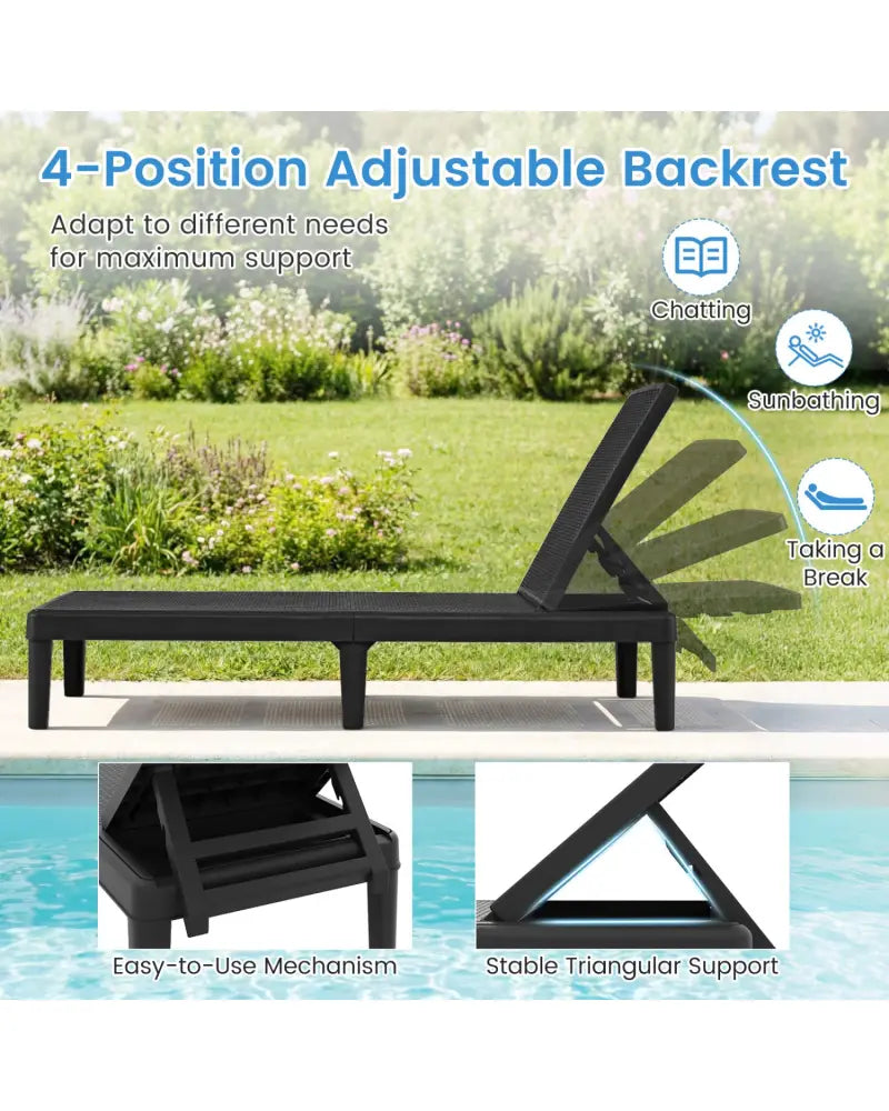 Outdoor Chaise Lounger Chair with Waterproof Rattan Textured PP Surface Set of 2-Black - Black - Outdoor Chaise Lounges
