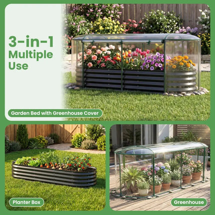 Outdoor Color Steel Raised Garden Bed with Greenhouse Cover Roll-up Window-Black - Black - Raised Garden Beds