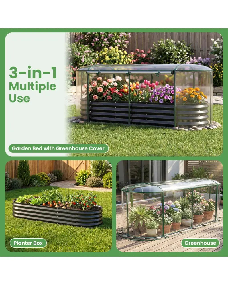 Outdoor Color Steel Raised Garden Bed with Greenhouse Cover Roll-up Window-Black - Black - Raised Garden Beds