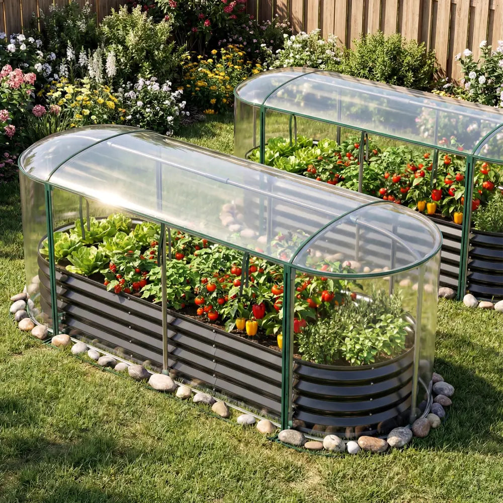 Outdoor Color Steel Raised Garden Bed with Greenhouse Cover Roll-up Window-Black - Black - Raised Garden Beds