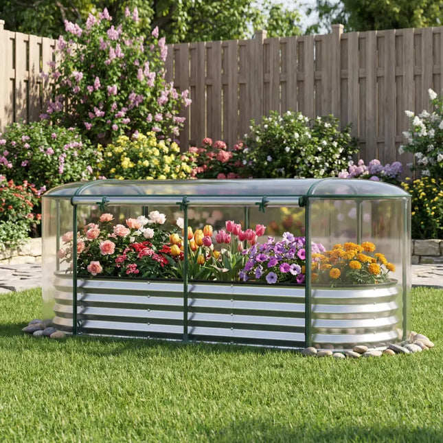 Outdoor Color Steel Raised Garden Bed with Greenhouse Cover Roll-up Window-Silver - Silver - Raised Garden Beds