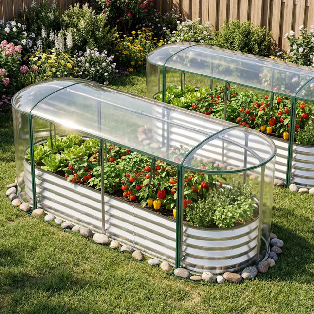 Outdoor Color Steel Raised Garden Bed with Greenhouse Cover Roll-up Window-Silver - Silver - Raised Garden Beds