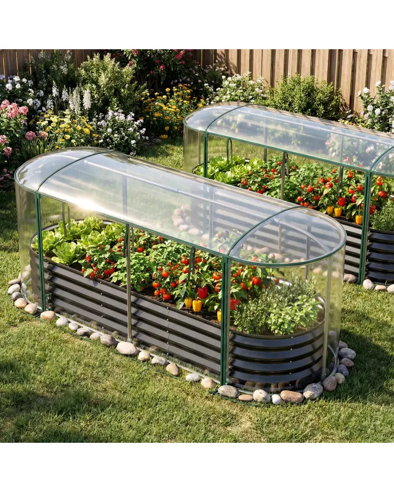 Outdoor Color Steel Raised Garden Bed with Greenhouse Cover Roll-up Window-Black - Black - Raised Garden Beds