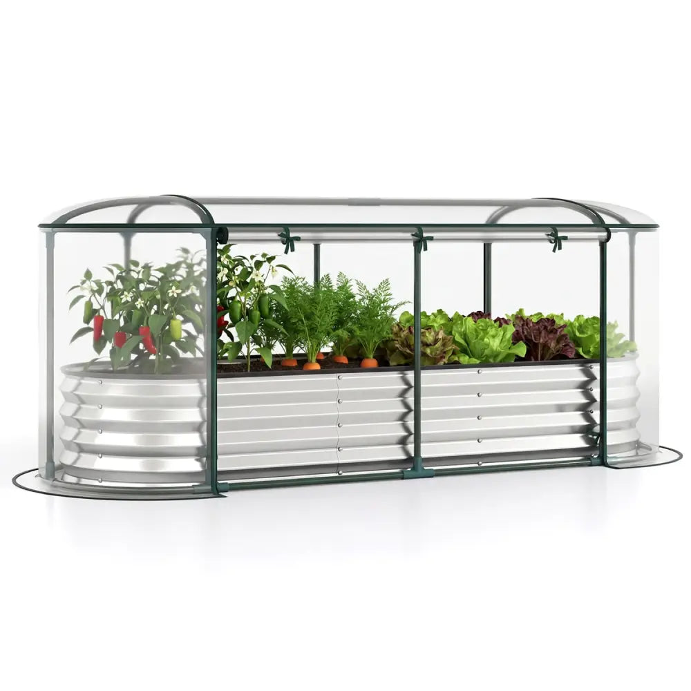 Outdoor Color Steel Raised Garden Bed with Greenhouse Cover Roll-up Window-Silver - Silver - Raised Garden Beds