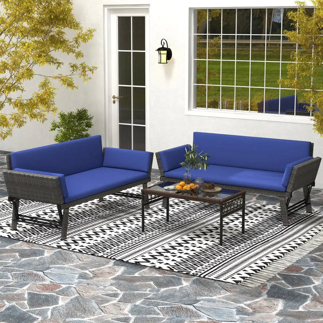 Outdoor Convertible Sofa Daybed with Adjustable Armrests for Balcony-Navy - Navy - Patio Conversation Sets