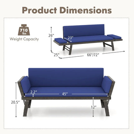 Outdoor Convertible Sofa Daybed with Adjustable Armrests for Balcony-Navy - Navy - Patio Conversation Sets