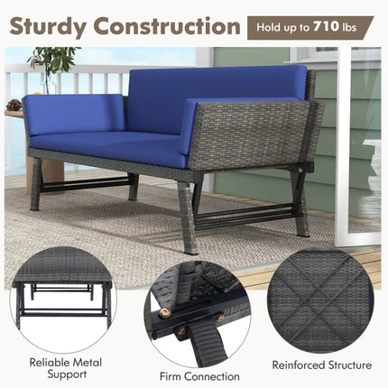 Outdoor Convertible Sofa Daybed with Adjustable Armrests for Balcony-Navy - Navy - Patio Conversation Sets