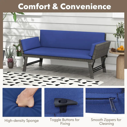 Outdoor Convertible Sofa Daybed with Adjustable Armrests for Balcony-Navy - Navy - Patio Conversation Sets