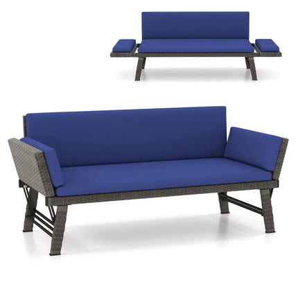 Outdoor Convertible Sofa Daybed with Adjustable Armrests for Balcony-Navy - Navy - Patio Conversation Sets