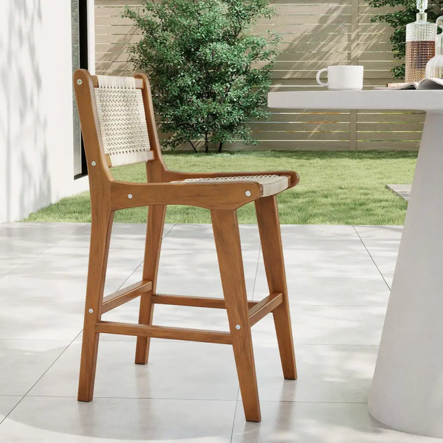 Outdoor Counter Height Bar Stool with Teak Wood Frame - Patio Dining Chairs